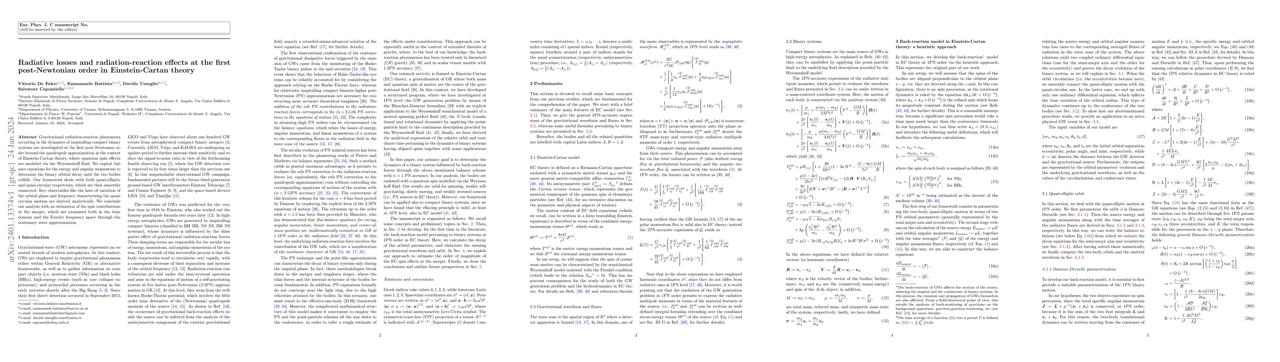 Thumbnail for Radiative losses and radiation-reaction effects at the first
  post-Newtonian order in Einstein-Cartan theory