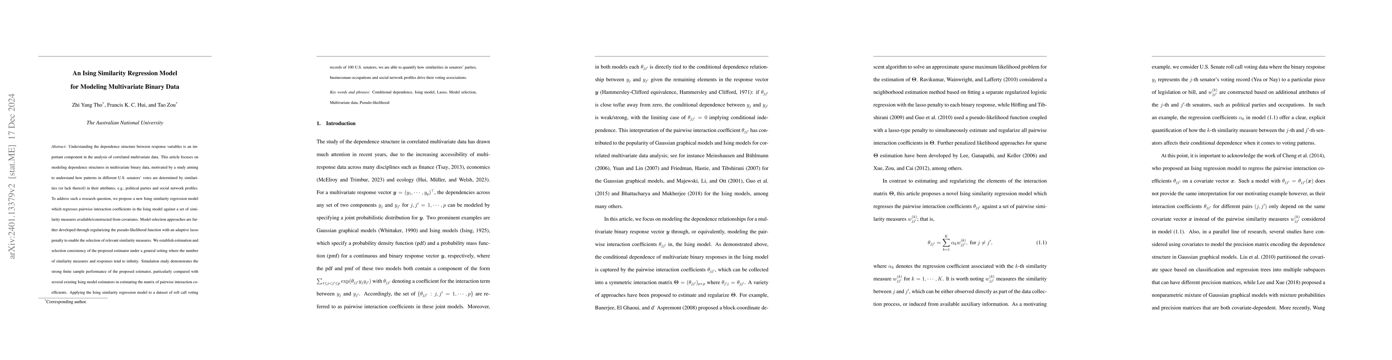 Thumbnail for An Ising Similarity Regression Model for Modeling Multivariate Binary
  Data
