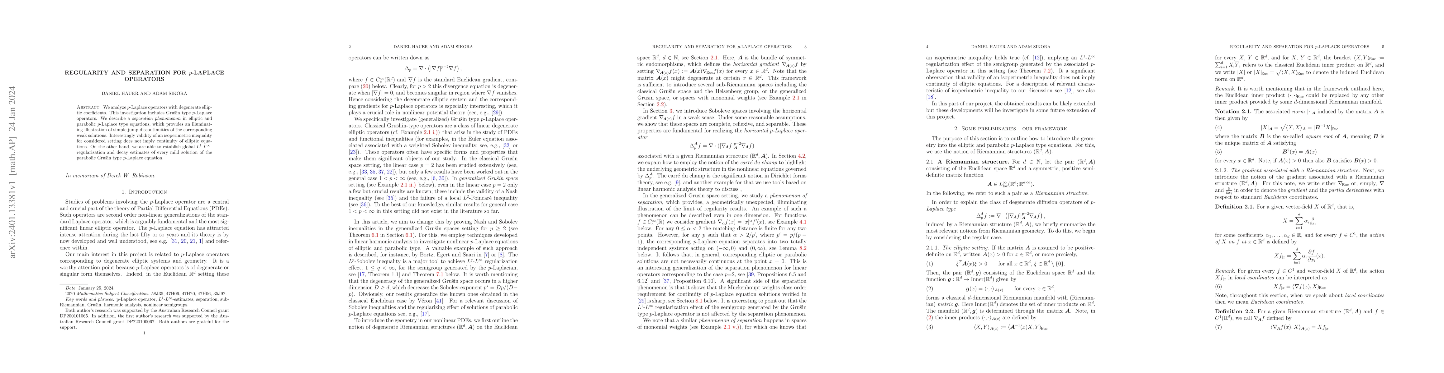 Thumbnail for Regularity and Separation for $p$-Laplace operators