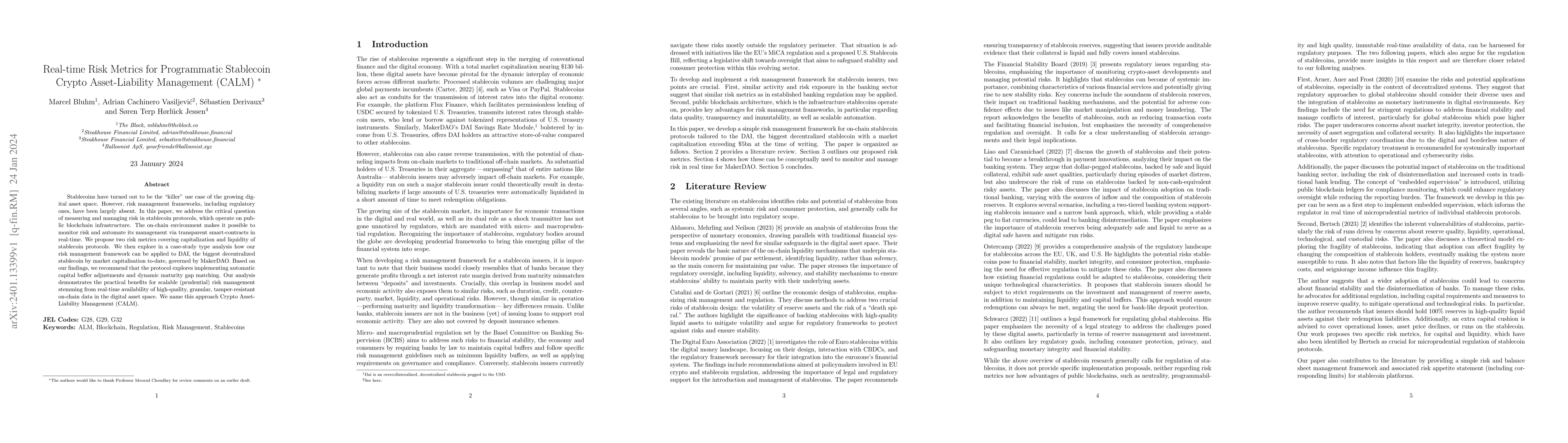 Thumbnail for Real-time Risk Metrics for Programmatic Stablecoin Crypto
  Asset-Liability Management (CALM)
