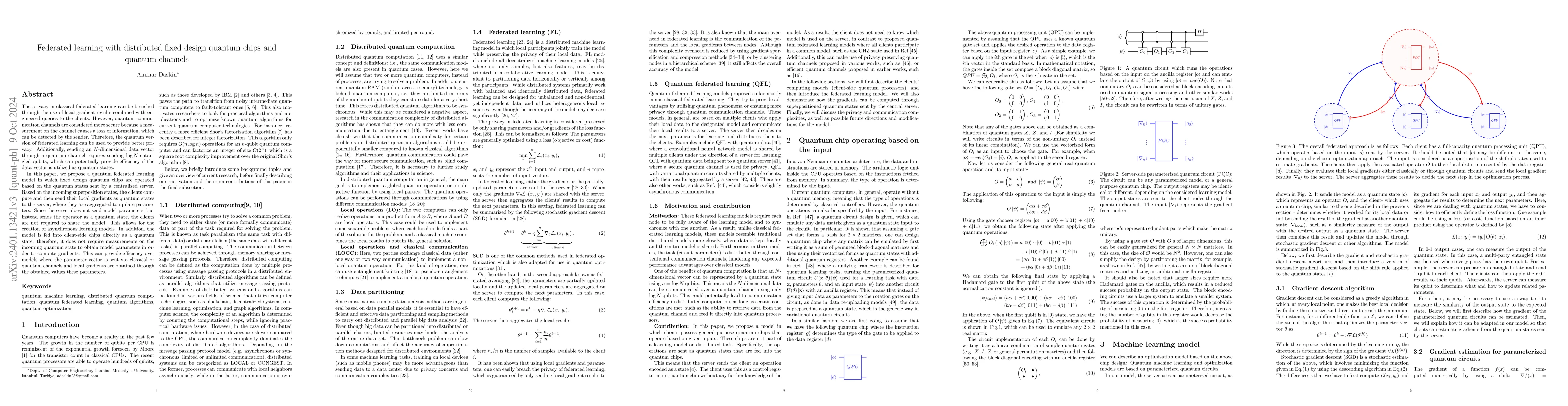 Thumbnail for Federated learning with distributed fixed design quantum chips and
  quantum channels