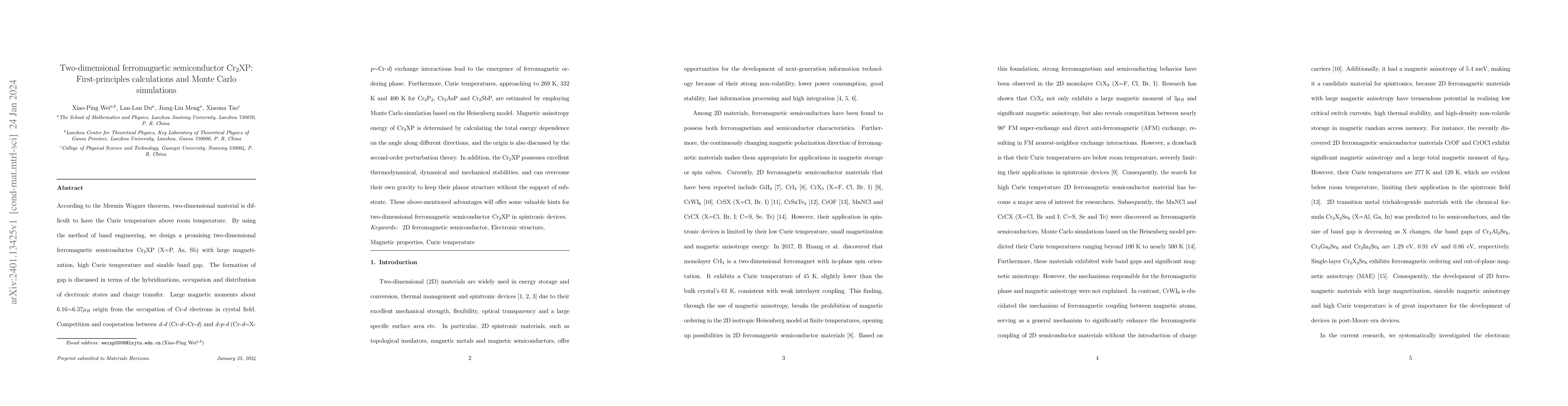 Thumbnail for Two-dimensional ferromagnetic semiconductor Cr2XP: First-principles
  calculations and Monte Carlo simulations