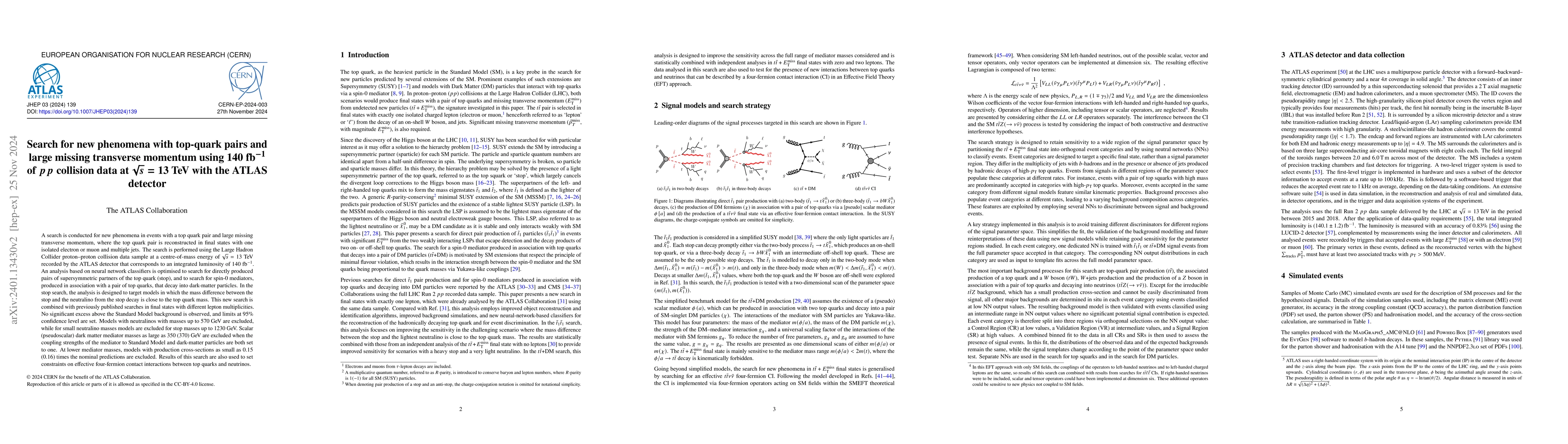 Thumbnail for Search for new phenomena with top-quark pairs and large missing
  transverse momentum using 140 $\mathrm{fb}^{-1}$ of $pp$ collision data at
  $\sqrt{s}=13$ TeV with the ATLAS detector
