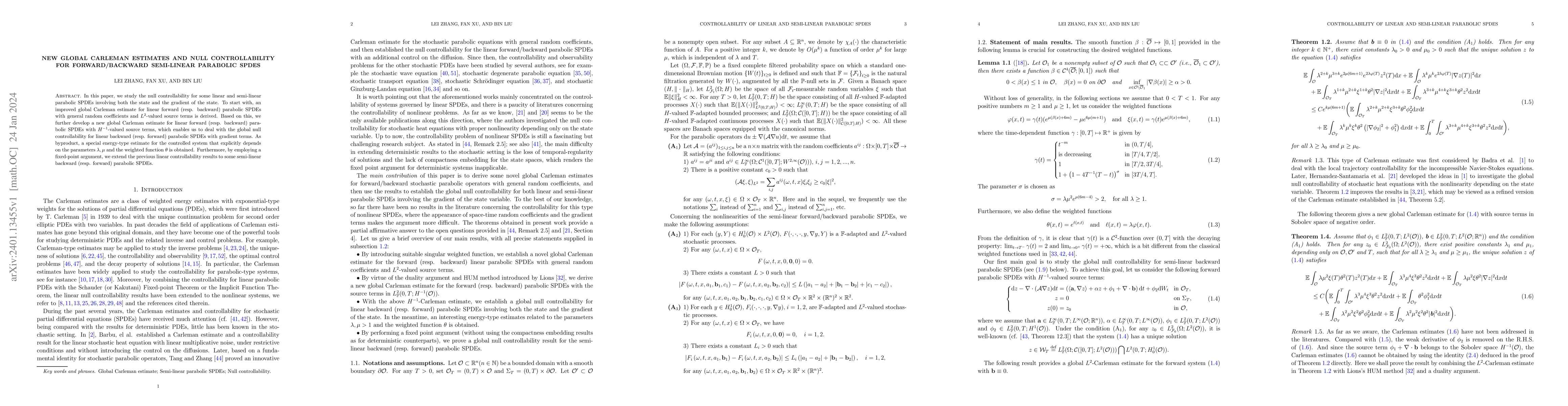 Thumbnail for New global Carleman estimates and null controllability for
  forward/backward semi-linear parabolic SPDEs