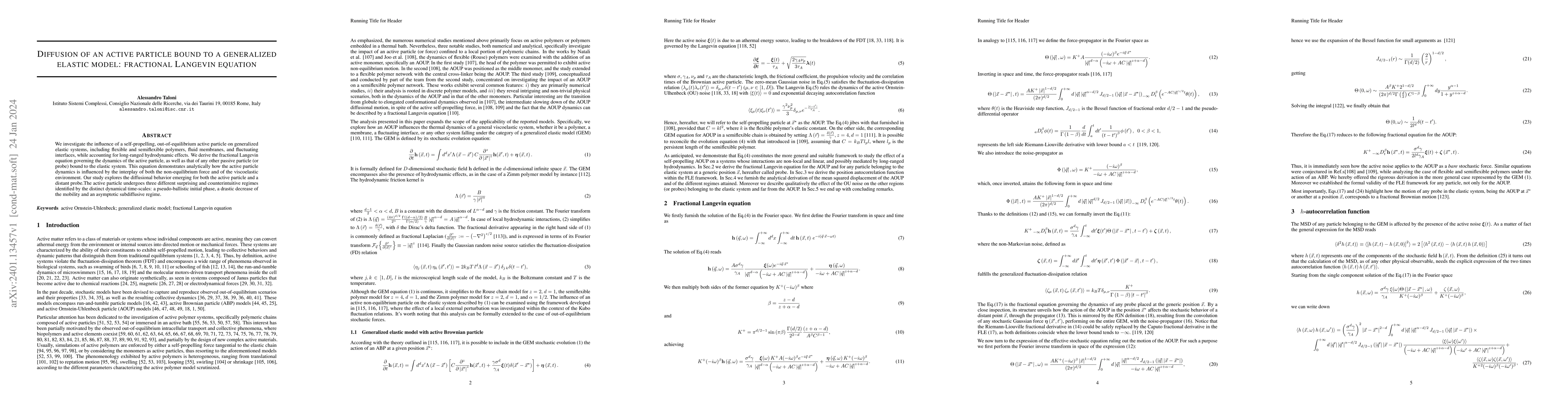 Thumbnail for Diffusion of an Active Particle Bound to a Generalized Elastic Model:
  Fractional Langevin Equation