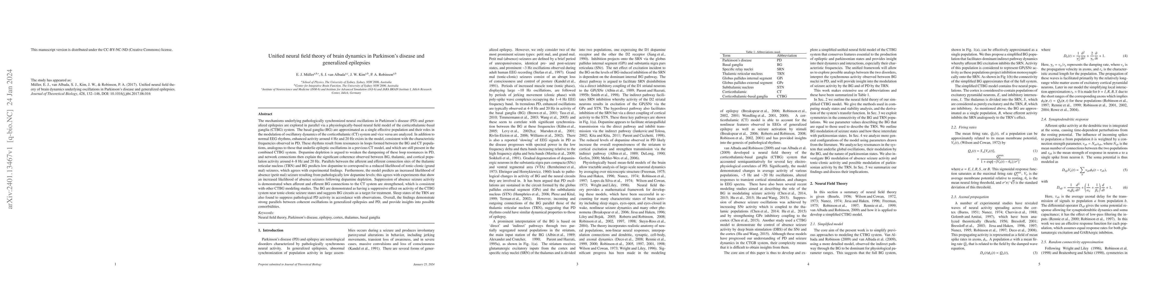 Thumbnail for Unified neural field theory of brain dynamics underlying oscillations in
  Parkinson's disease and generalized epilepsies