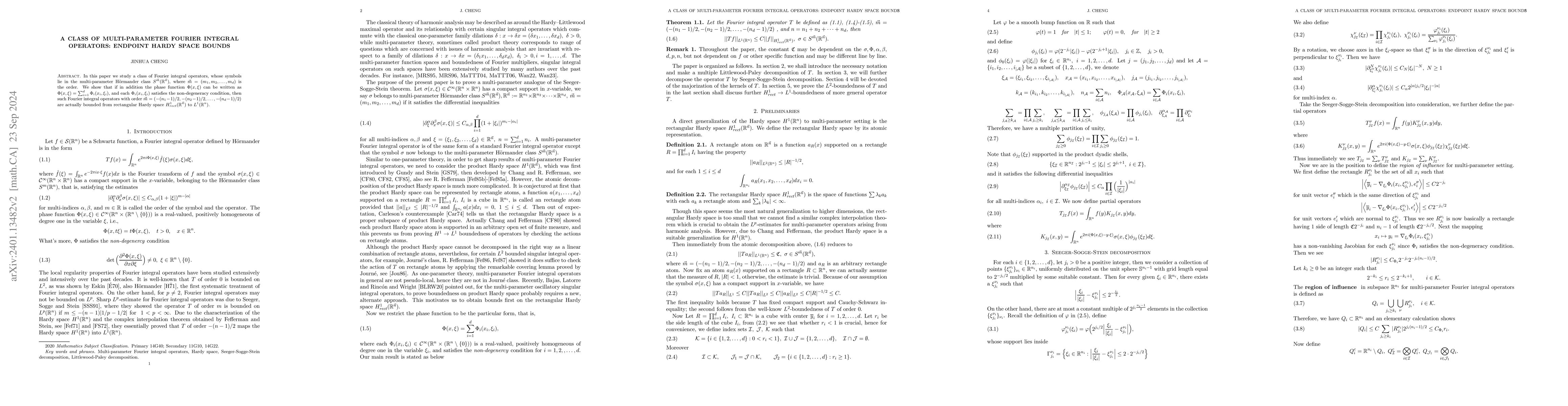 Thumbnail for A class of multi-parameter Fourier integral operators: endpoint Hardy
  space bounds