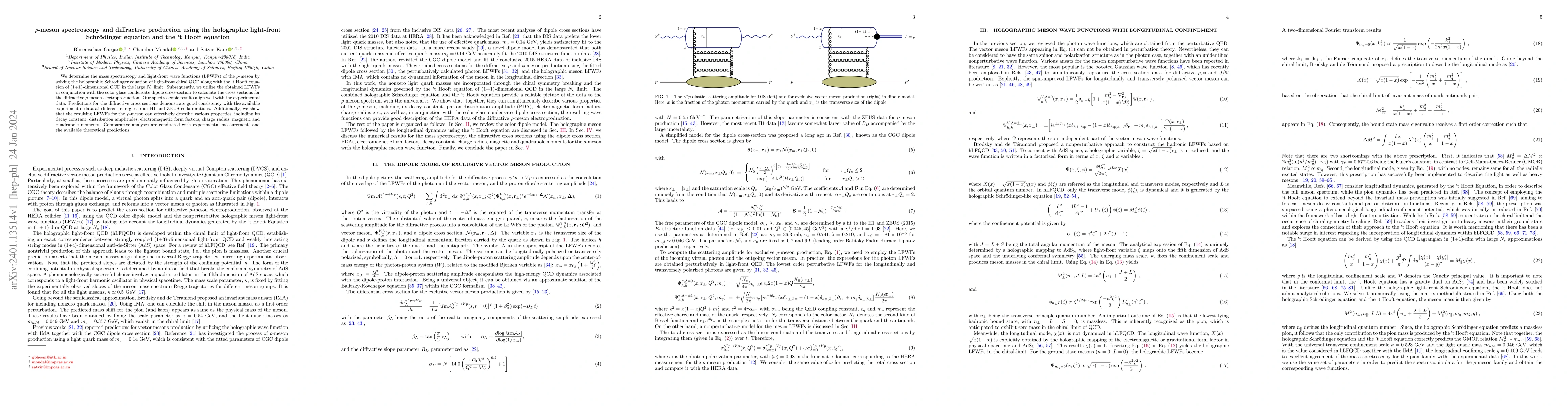 Thumbnail for $\rho$-meson spectroscopy and diffractive production using the
  holographic light-front Schr\"odinger equation and the 't Hooft equation