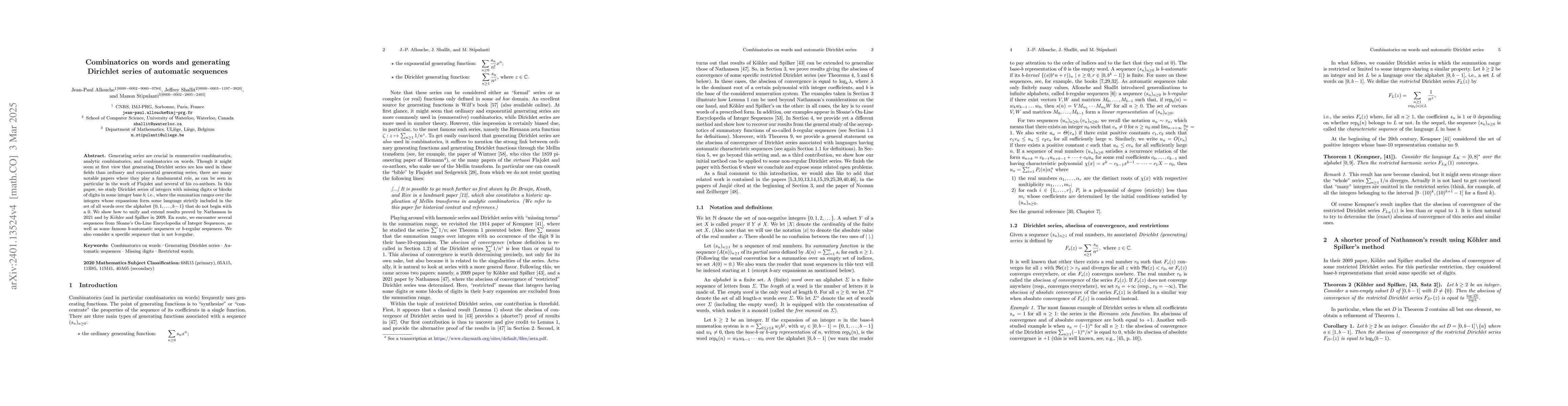 Thumbnail for Combinatorics on words and generating Dirichlet series of automatic
  sequences