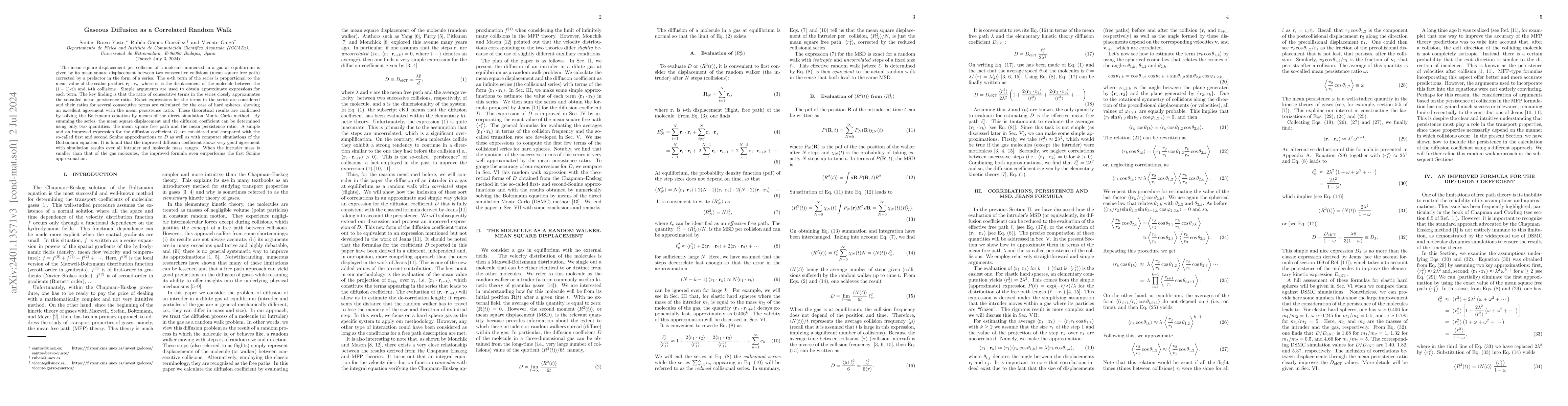 Thumbnail for Gaseous Diffusion as a Correlated Random Walk