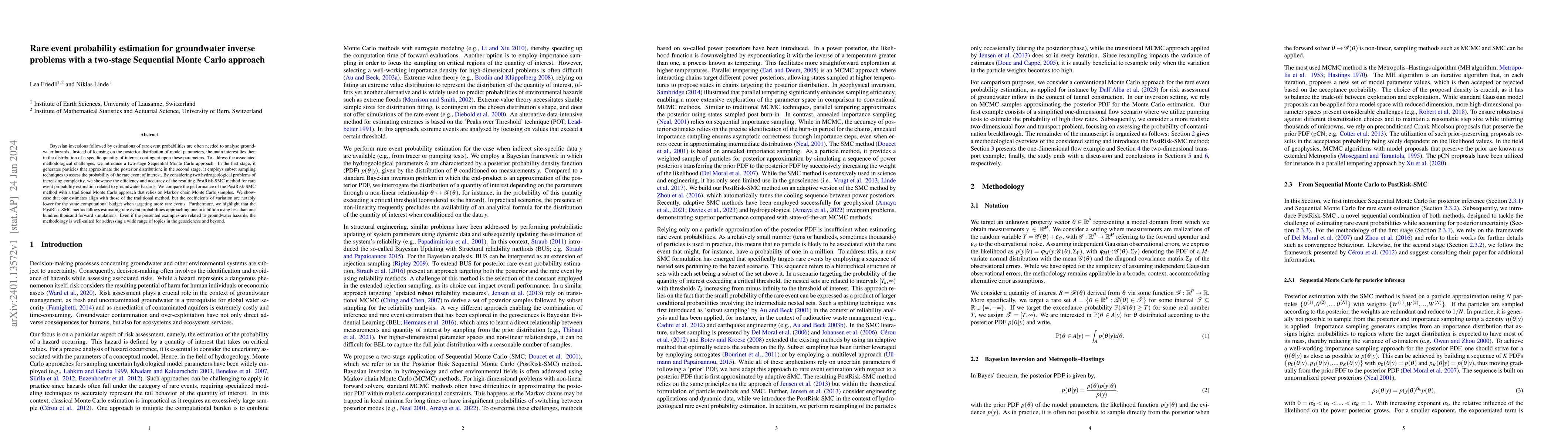 Thumbnail for Rare event probability estimation for groundwater inverse problems with
  a two-stage Sequential Monte Carlo approach