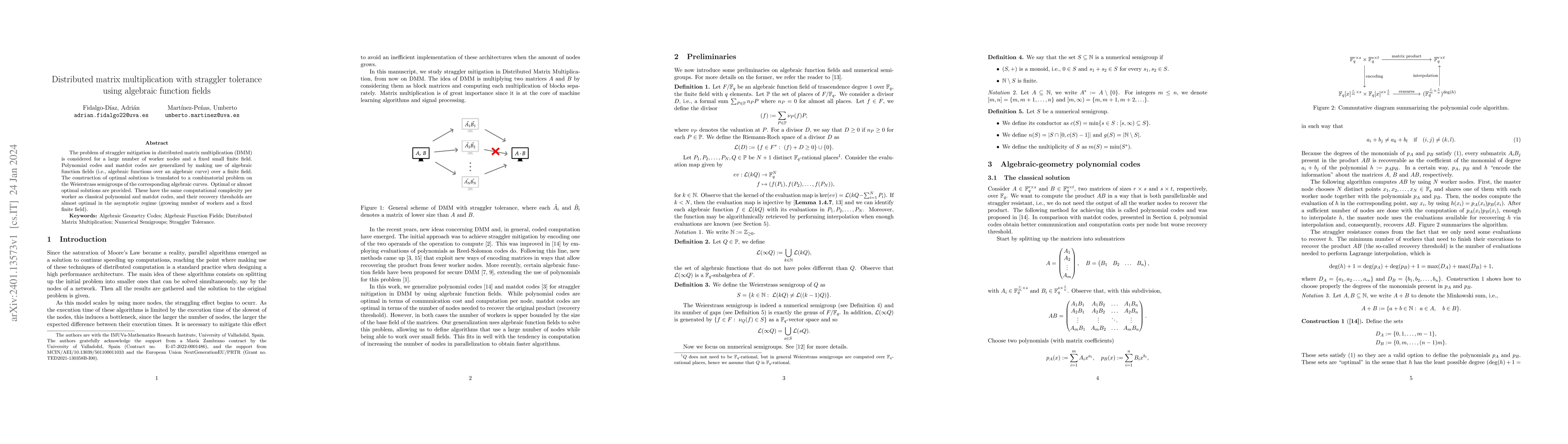 Thumbnail for Distributed matrix multiplication with straggler tolerance using
  algebraic function fields