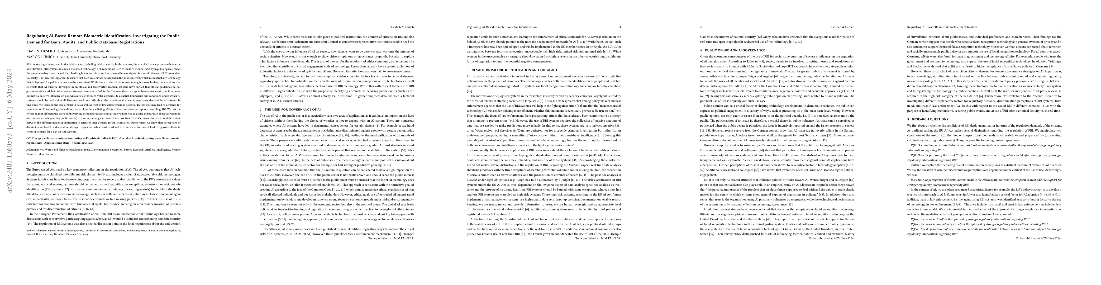 Thumbnail for Regulating AI-Based Remote Biometric Identification. Investigating the
  Public Demand for Bans, Audits, and Public Database Registrations