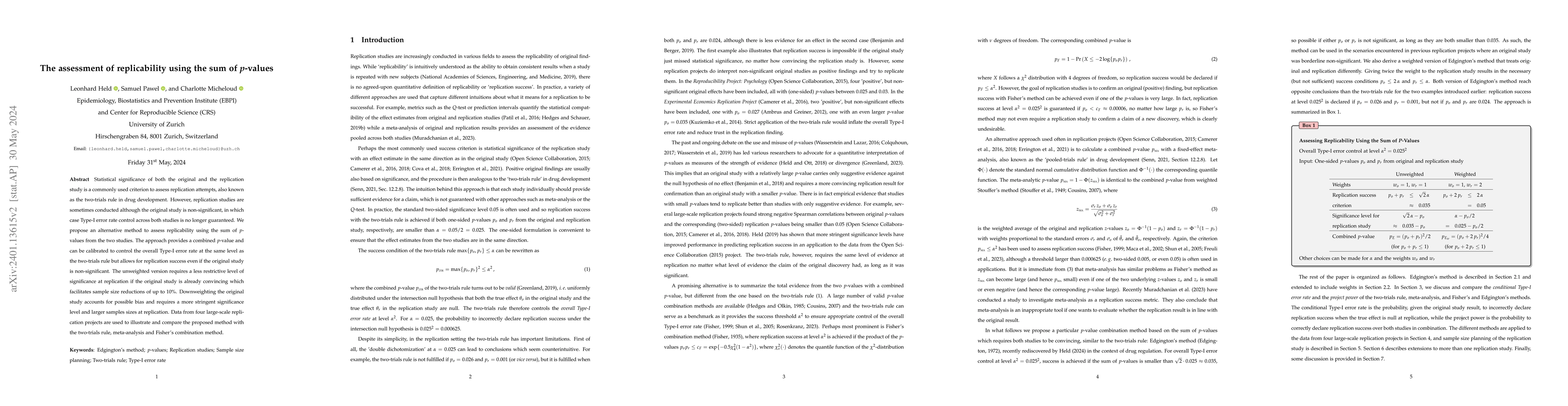 Thumbnail for The assessment of replicability using the sum of p-values