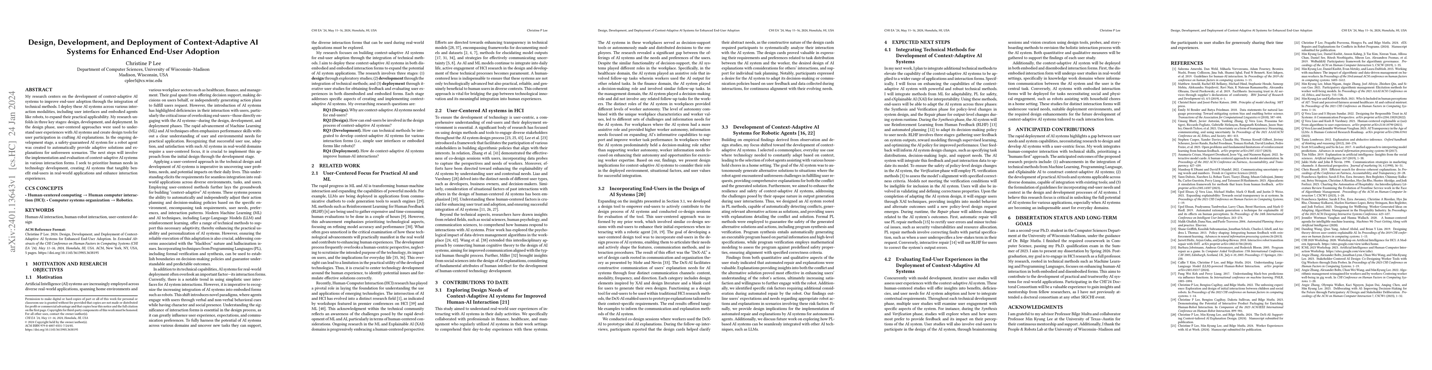 Thumbnail for Design, Development, and Deployment of Context-Adaptive AI Systems for
  Enhanced End-User Adoption