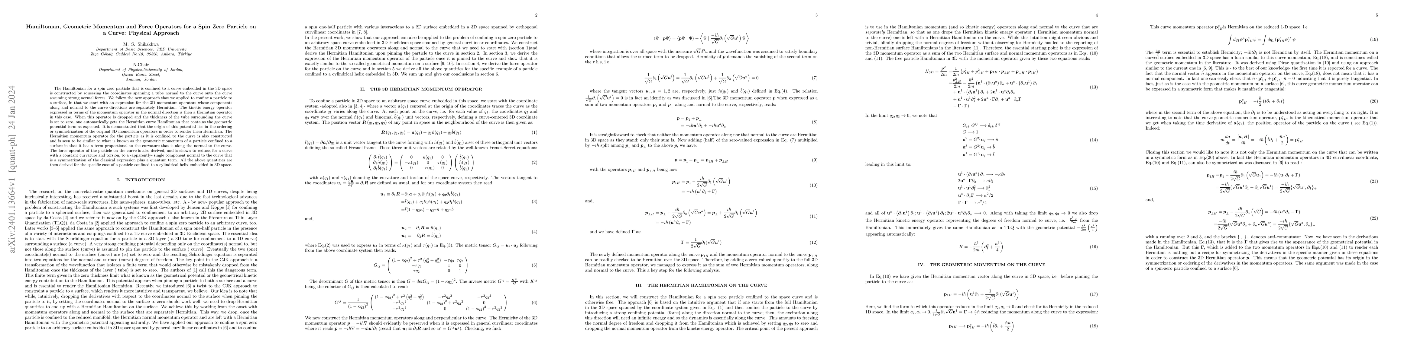 Thumbnail for Hamiltonian, Geometric Momentum and Force Operators for a Spin Zero
  Particle on a Curve: Physical Approach