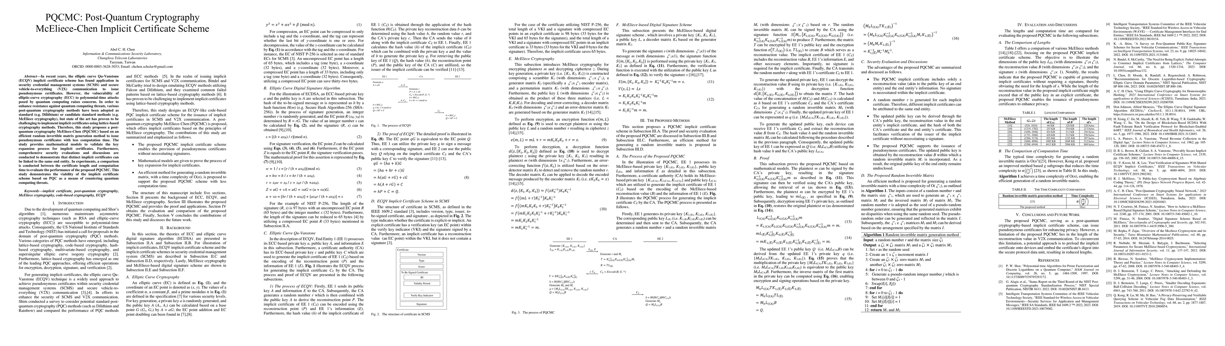 Thumbnail for PQCMC: Post-Quantum Cryptography McEliece-Chen Implicit Certificate
  Scheme