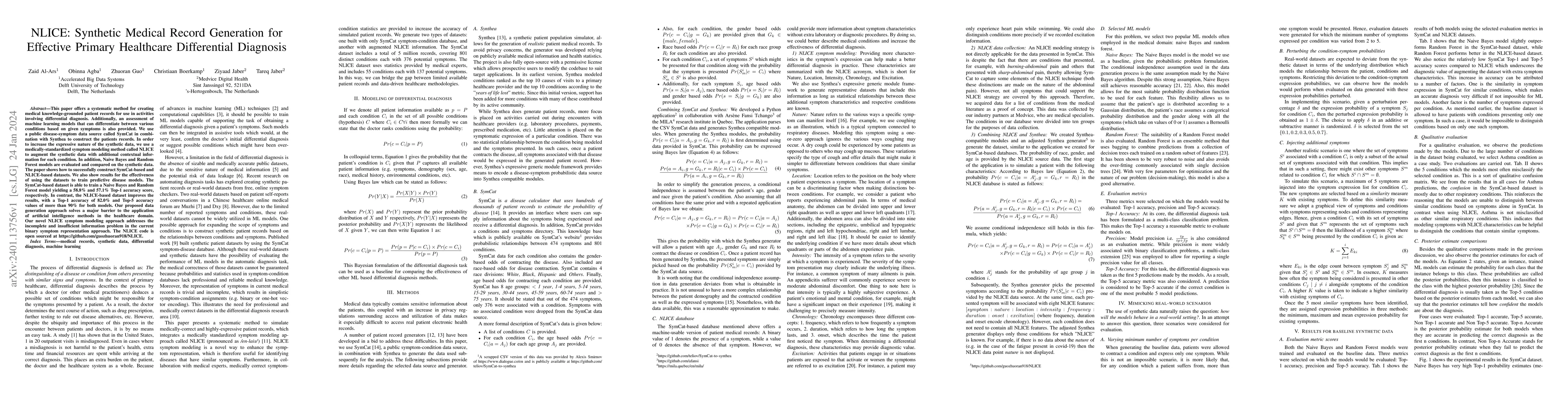 Thumbnail for NLICE: Synthetic Medical Record Generation for Effective Primary
  Healthcare Differential Diagnosis