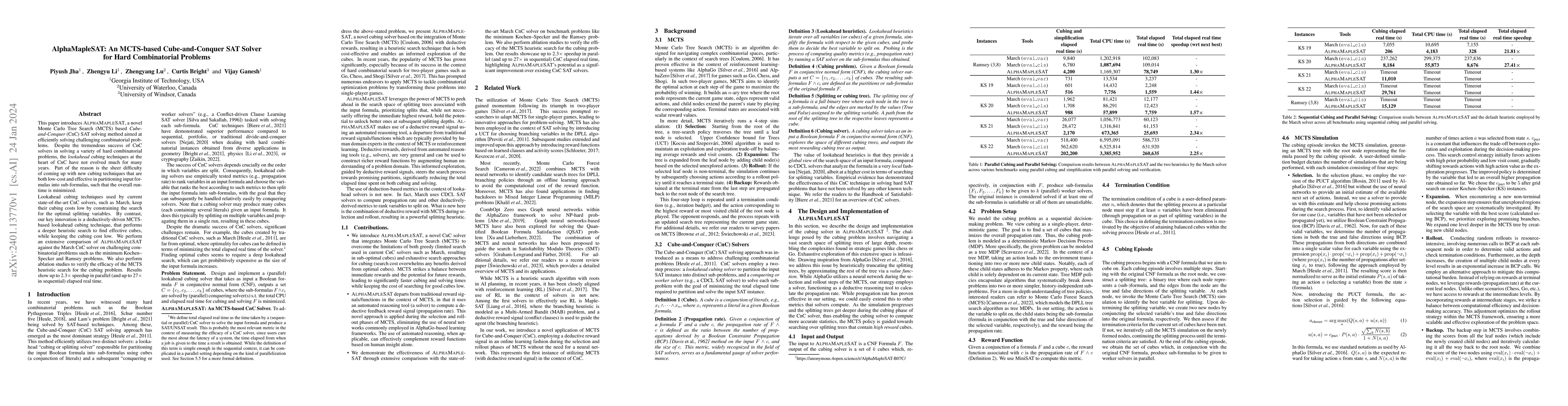 Thumbnail for AlphaMapleSAT: An MCTS-based Cube-and-Conquer SAT Solver for Hard
  Combinatorial Problems