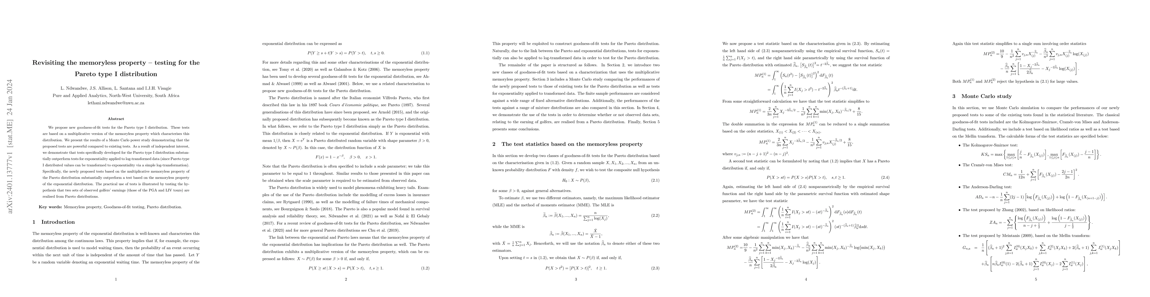 Thumbnail for Revisiting the memoryless property -- testing for the Pareto type I
  distribution