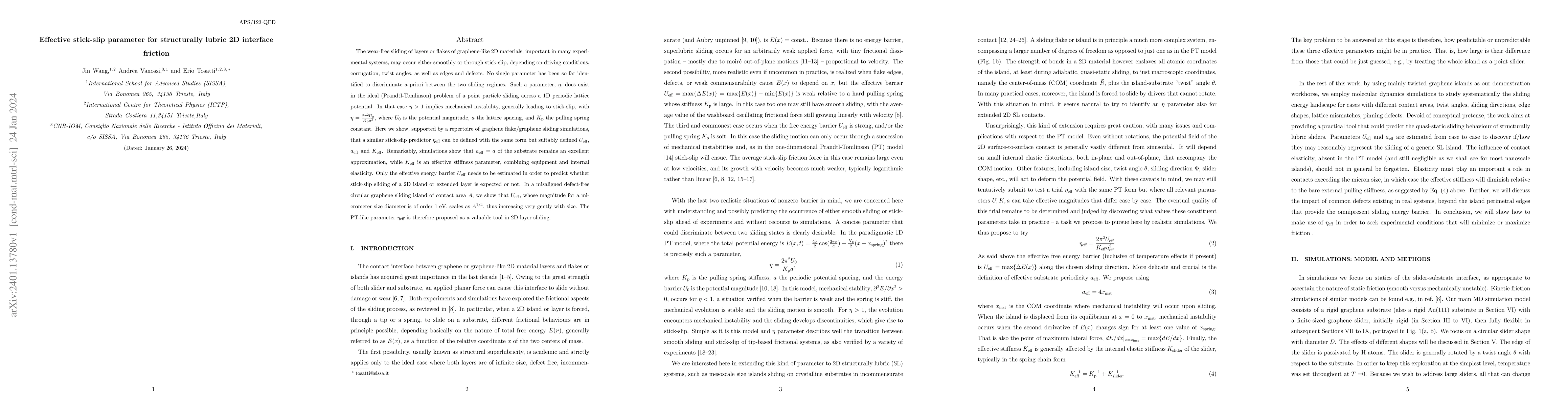 Thumbnail for Effective stick-slip parameter for structurally lubric 2D interface
  friction