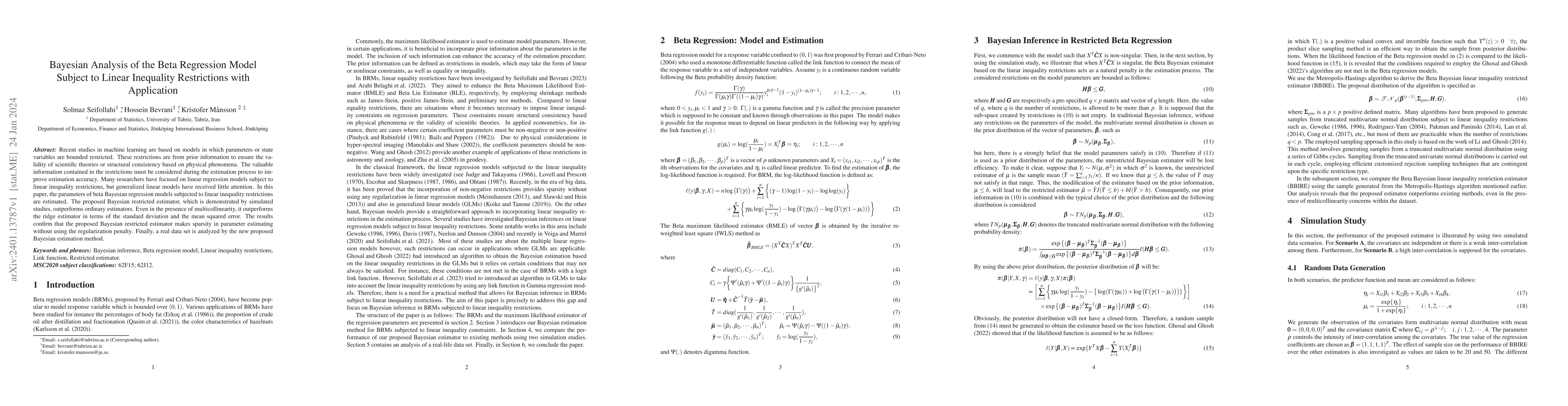 Thumbnail for Bayesian Analysis of the Beta Regression Model Subject to Linear
  Inequality Restrictions with Application