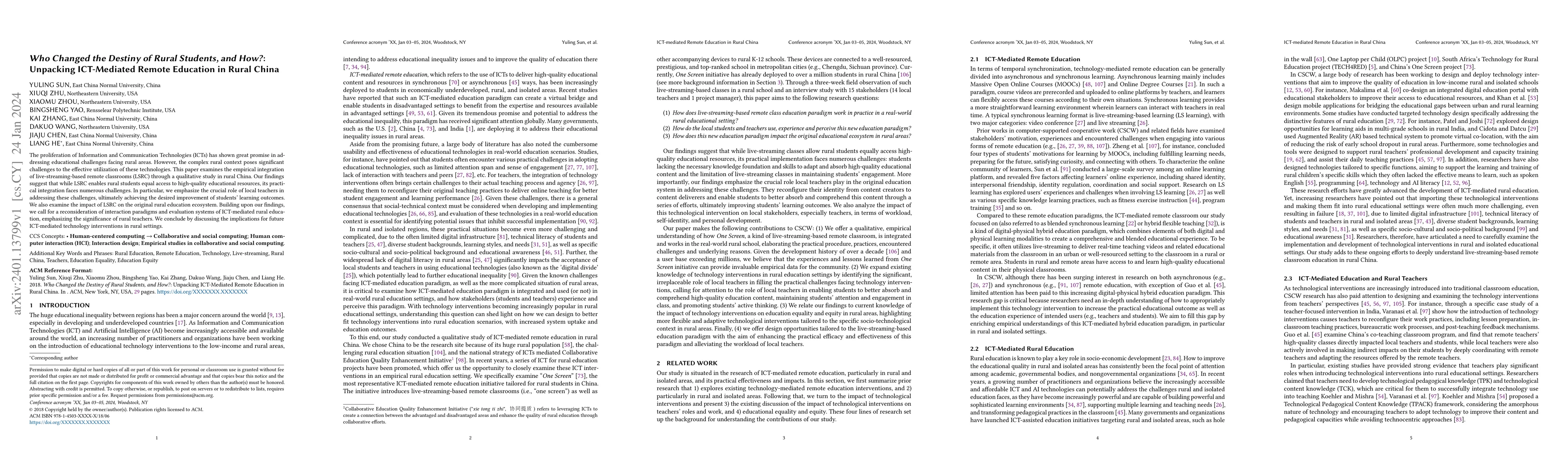 Thumbnail for Who Changed the Destiny of Rural Students, and How?: Unpacking
  ICT-Mediated Remote Education in Rural China