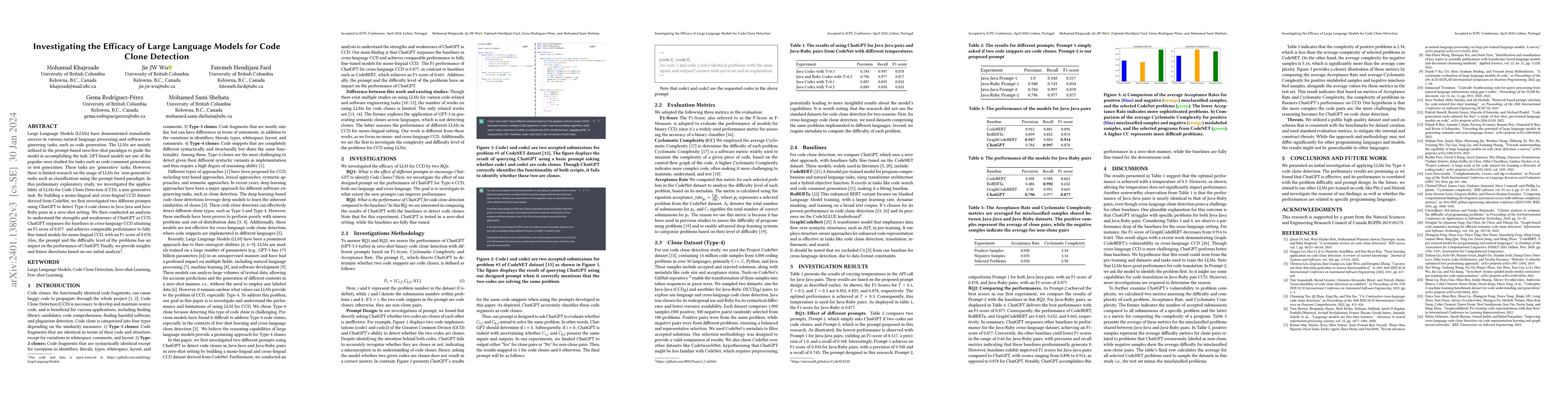 Thumbnail for Investigating the Efficacy of Large Language Models for Code Clone
  Detection