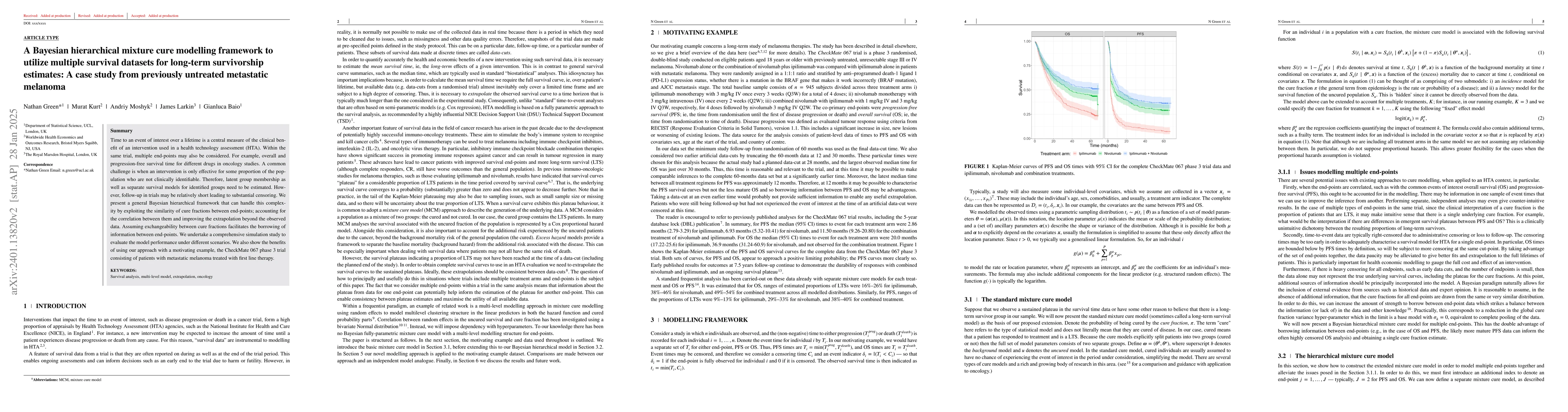 Thumbnail for A Bayesian hierarchical mixture cure modelling framework to utilize
  multiple survival datasets for long-term survivorship estimates: A case study
  from previously untreated metastatic melanoma