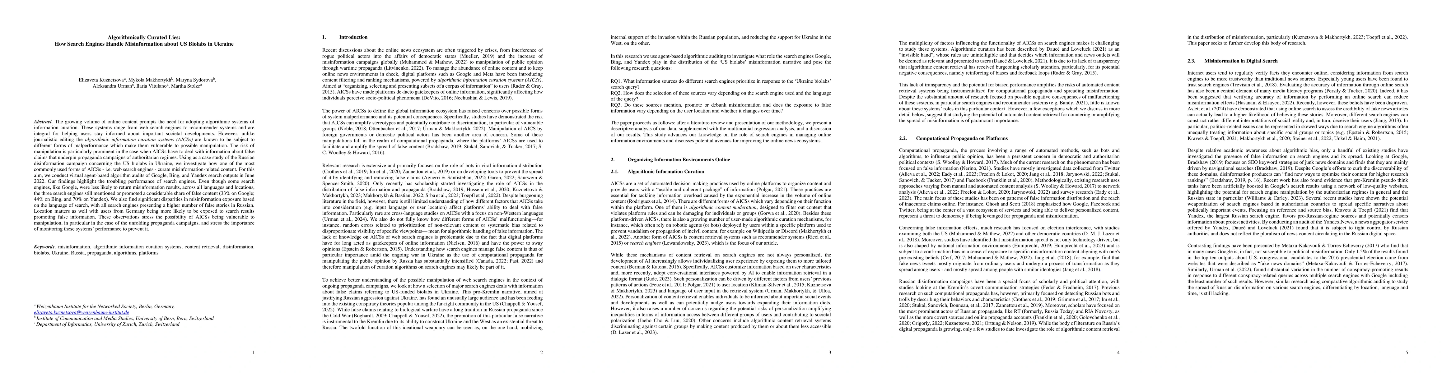 Thumbnail for Algorithmically Curated Lies: How Search Engines Handle Misinformation
  about US Biolabs in Ukraine