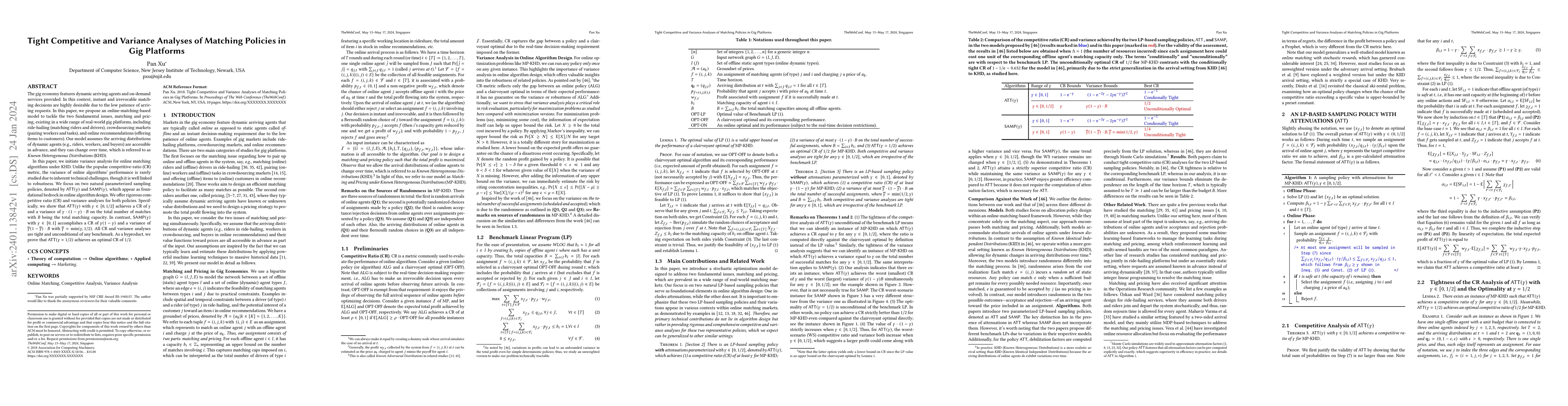 Thumbnail for Tight Competitive and Variance Analyses of Matching Policies in Gig
  Platforms