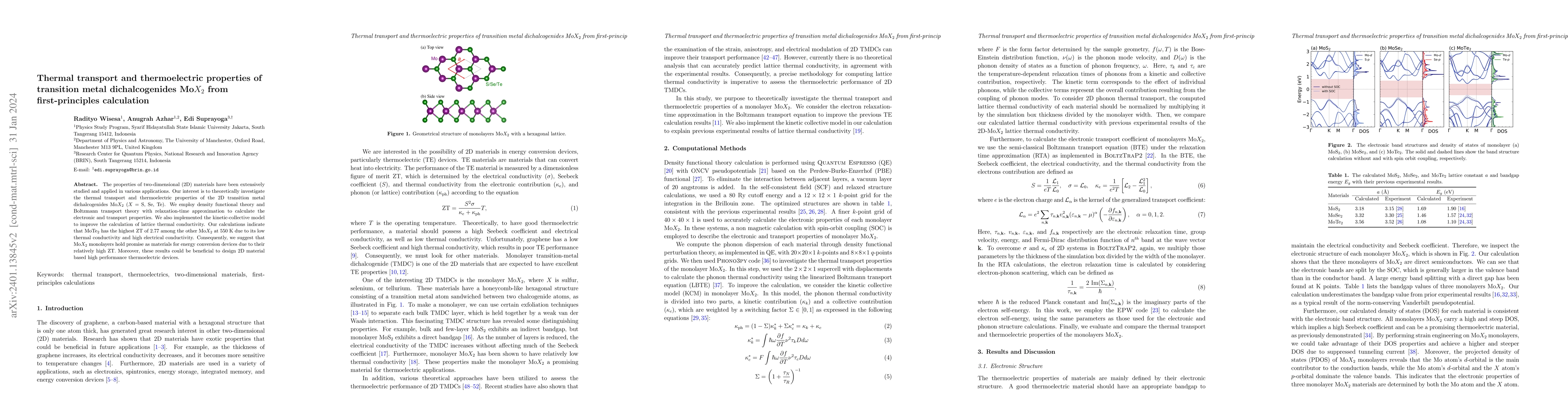Thumbnail for Thermal transport and thermoelectric properties of transition metal
  dichalcogenides Mo$X_2$ from first-principles calculation