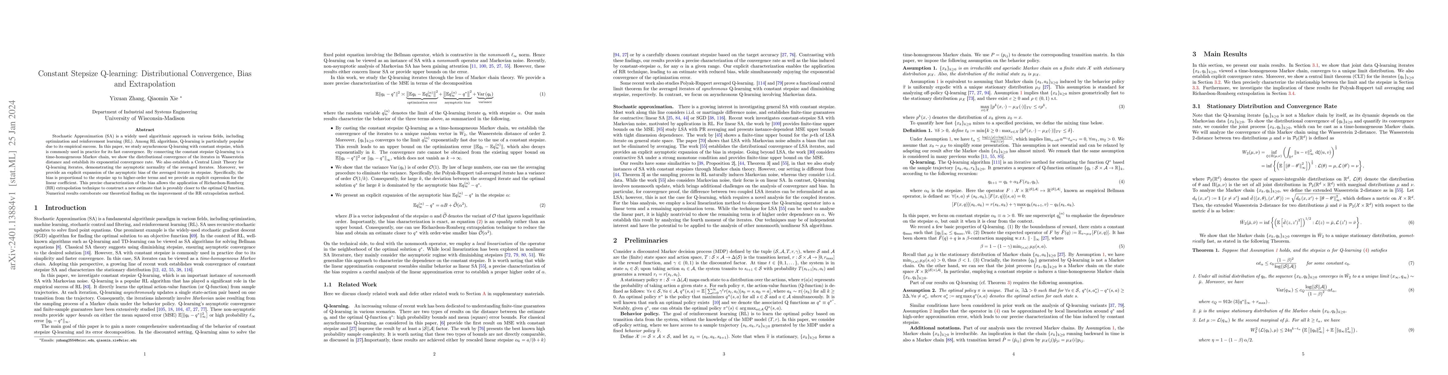 Thumbnail for Constant Stepsize Q-learning: Distributional Convergence, Bias and
  Extrapolation