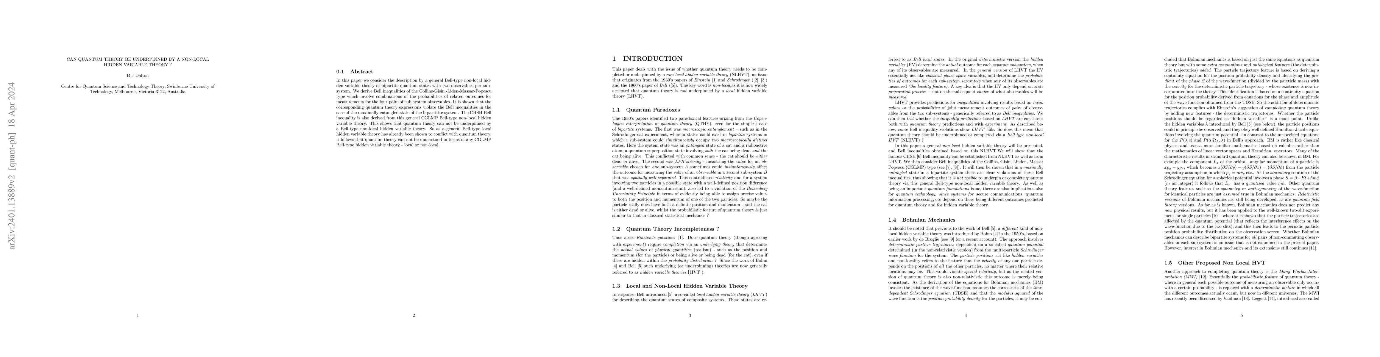 Thumbnail for Can quantum theory be underpinned by a non-local hidden variable theory
  ?