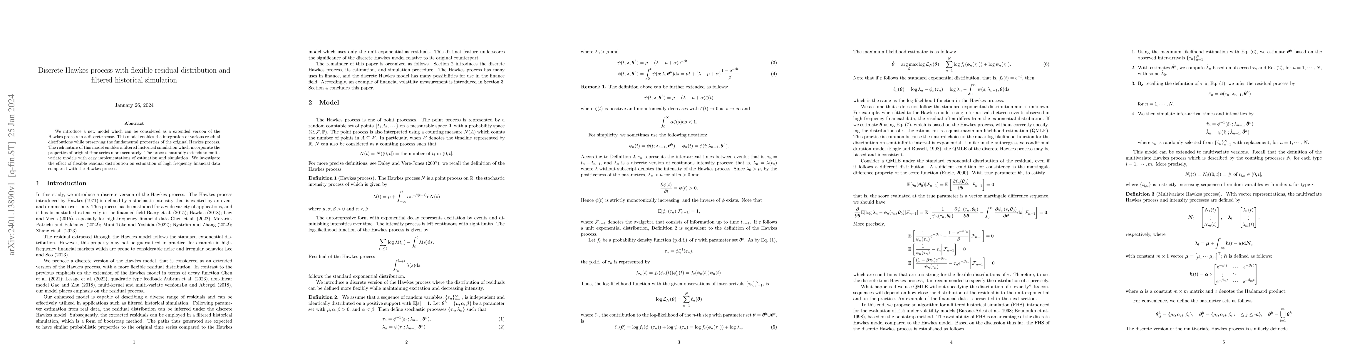 Thumbnail for Discrete Hawkes process with flexible residual distribution and filtered
  historical simulation
