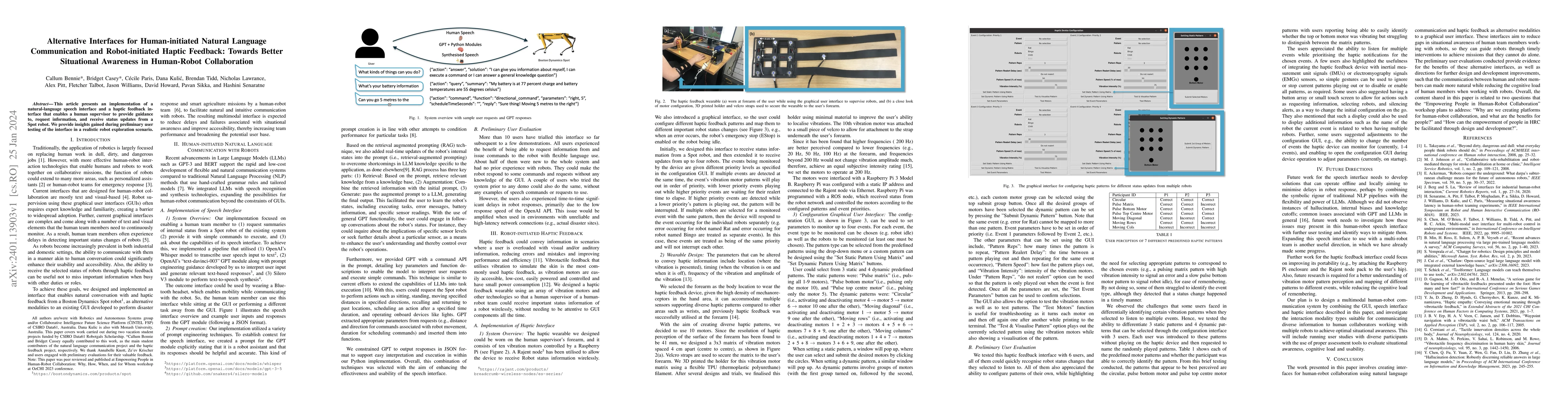Thumbnail for Alternative Interfaces for Human-initiated Natural Language
  Communication and Robot-initiated Haptic Feedback: Towards Better Situational
  Awareness in Human-Robot Collaboration