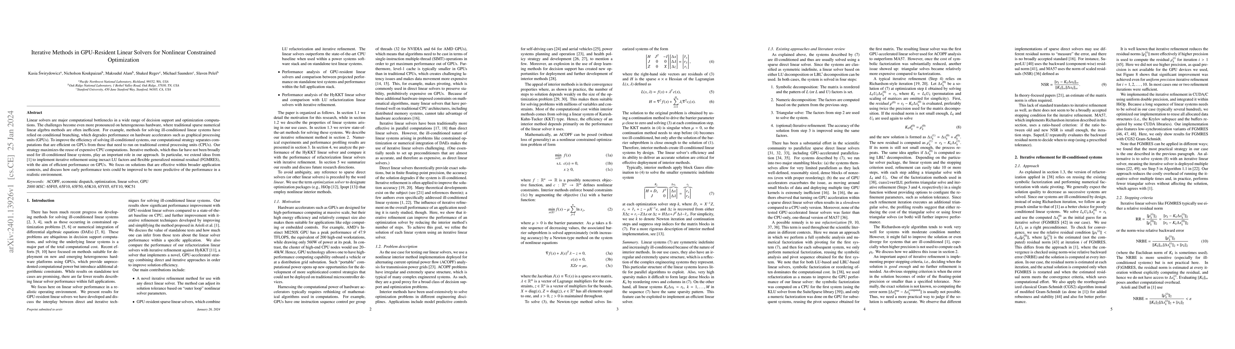 Thumbnail for Iterative Methods in GPU-Resident Linear Solvers for Nonlinear
  Constrained Optimization