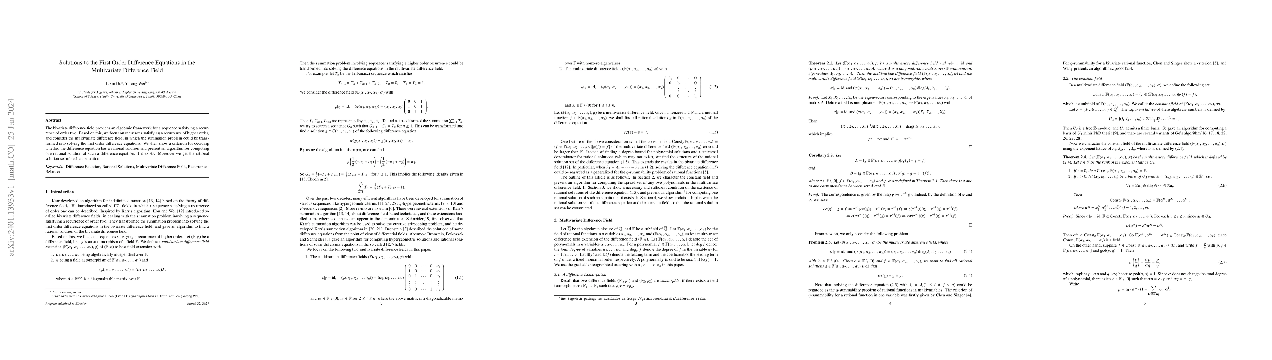 Thumbnail for Solutions to the First Order Difference Equations in the Multivariate
  Difference Field