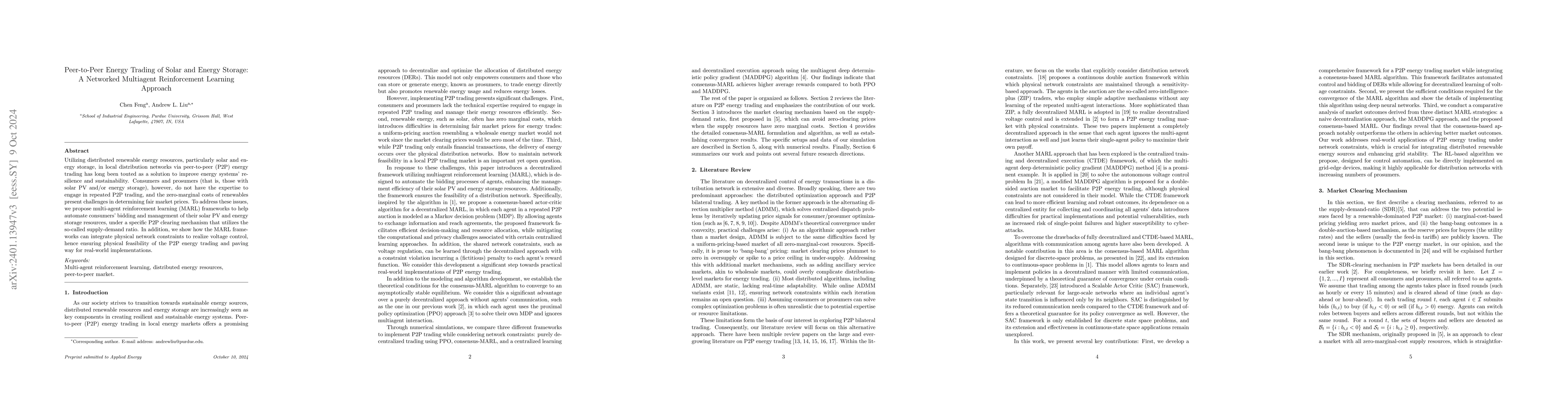 Thumbnail for Networked Multiagent Reinforcement Learning for Peer-to-Peer Energy
  Trading