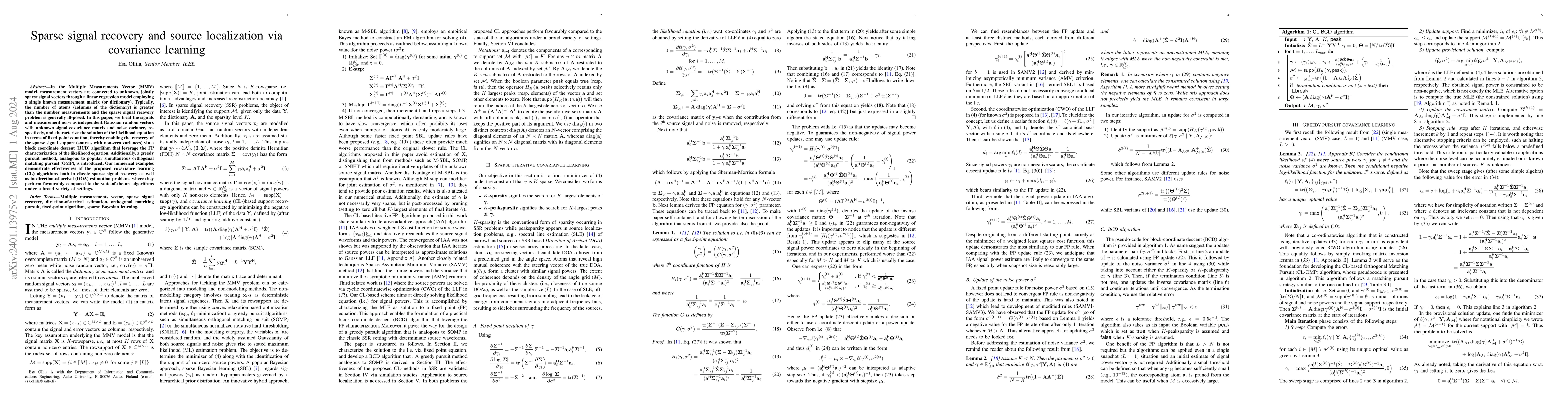 Thumbnail for Sparse signal recovery and source localization via covariance learning