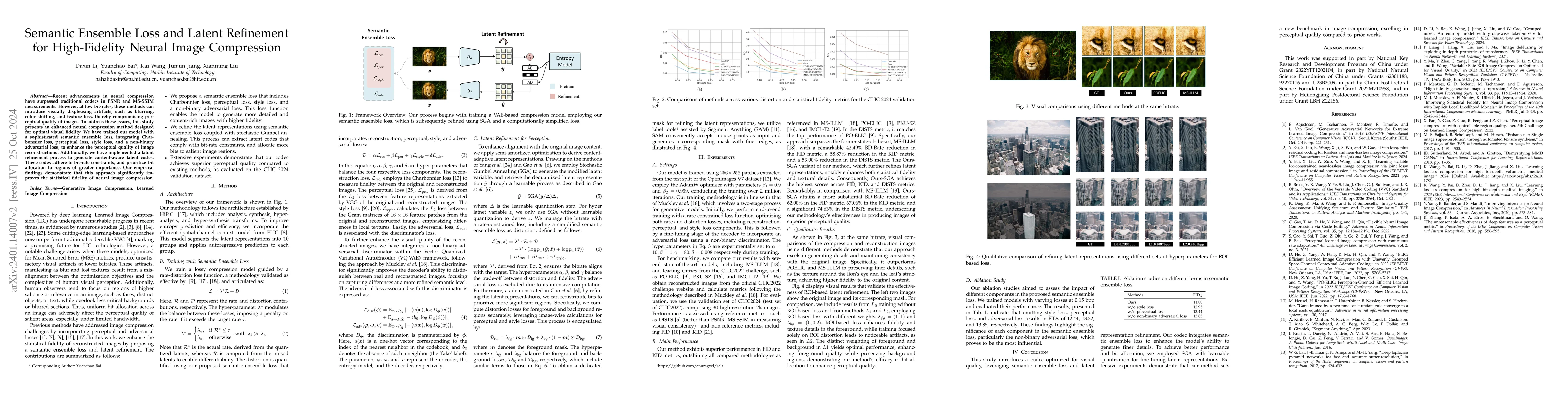 Thumbnail for Semantic Ensemble Loss and Latent Refinement for High-Fidelity Neural
  Image Compression