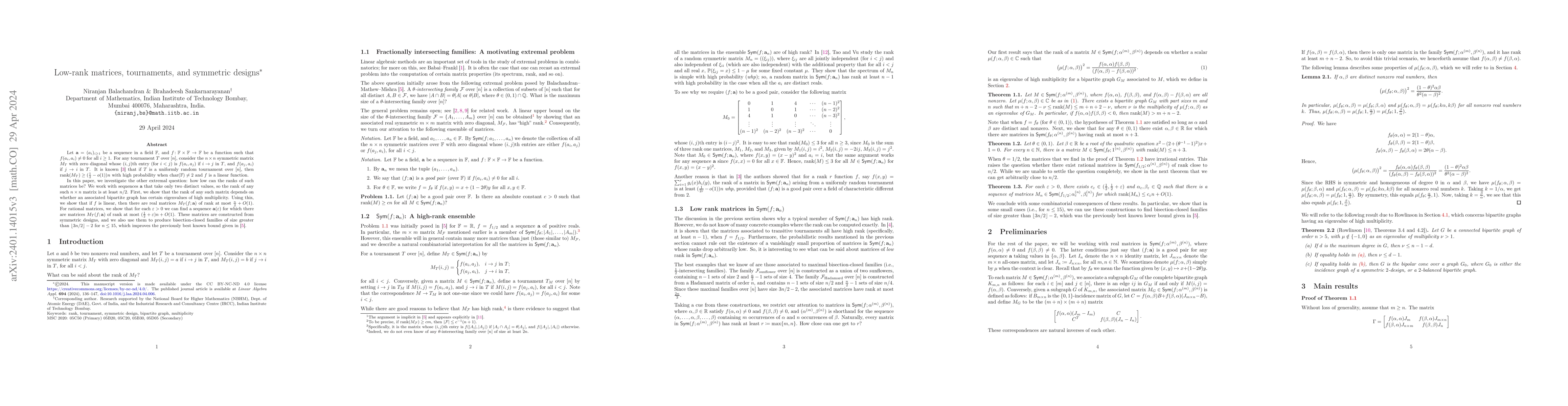 Thumbnail for Low-rank matrices, tournaments, and symmetric designs