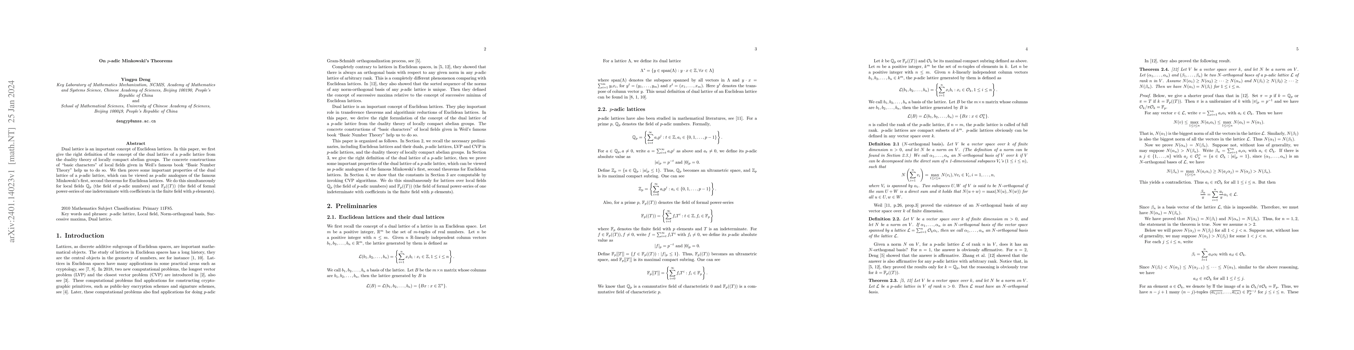 Thumbnail for On $p$-adic Minkowski's Theorems