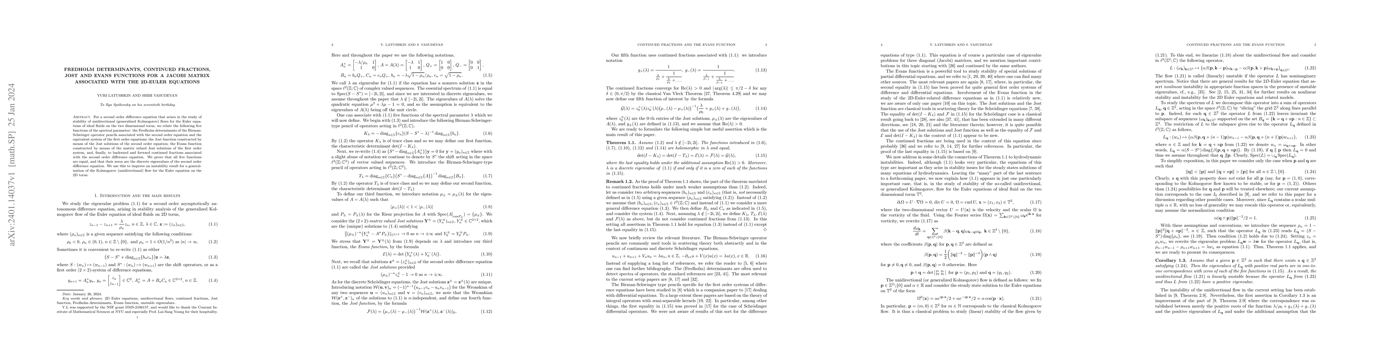 Thumbnail for Fredholm determinants, continued fractions, Jost and Evans functions for
  a Jacobi matrix associated with the 2D-Euler equations