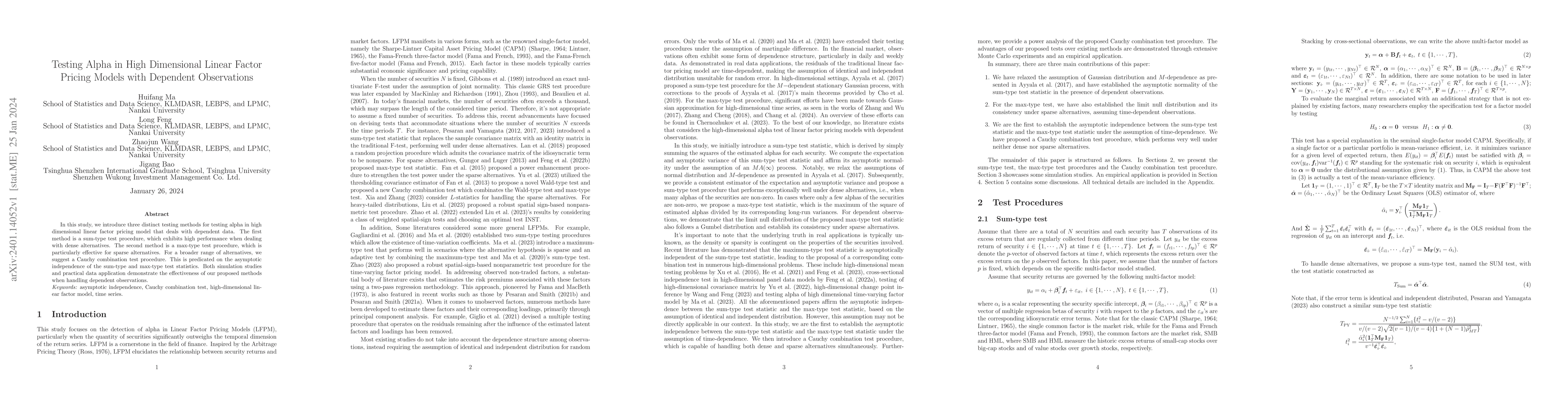 Thumbnail for Testing Alpha in High Dimensional Linear Factor Pricing Models with
  Dependent Observations