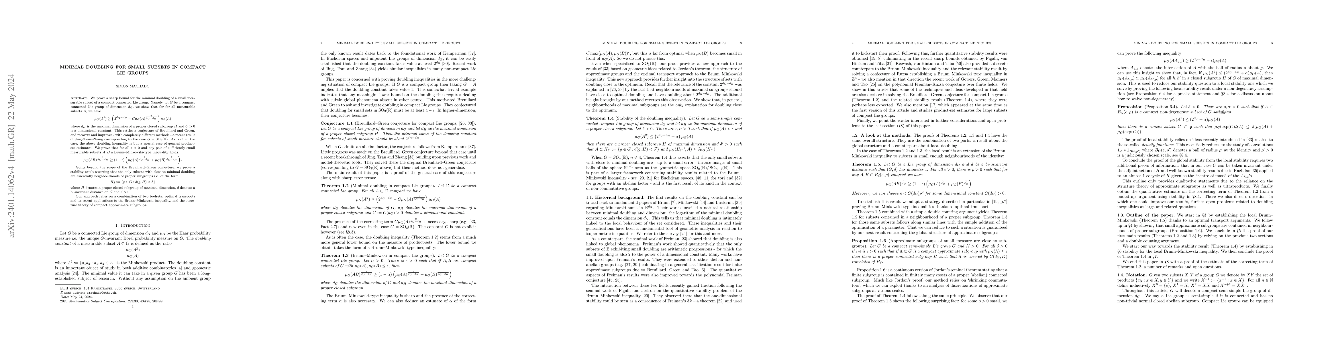 Thumbnail for Minimal doubling for small subsets in compact Lie groups