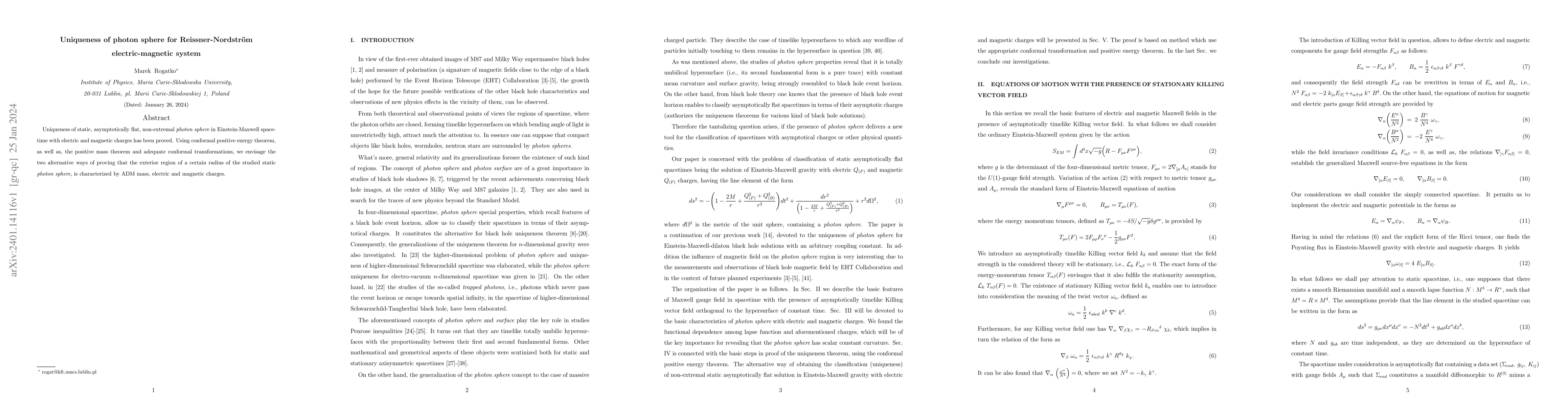 Thumbnail for Uniqueness of photon sphere for Reissner-Nordstr\"om electric-magnetic
  system