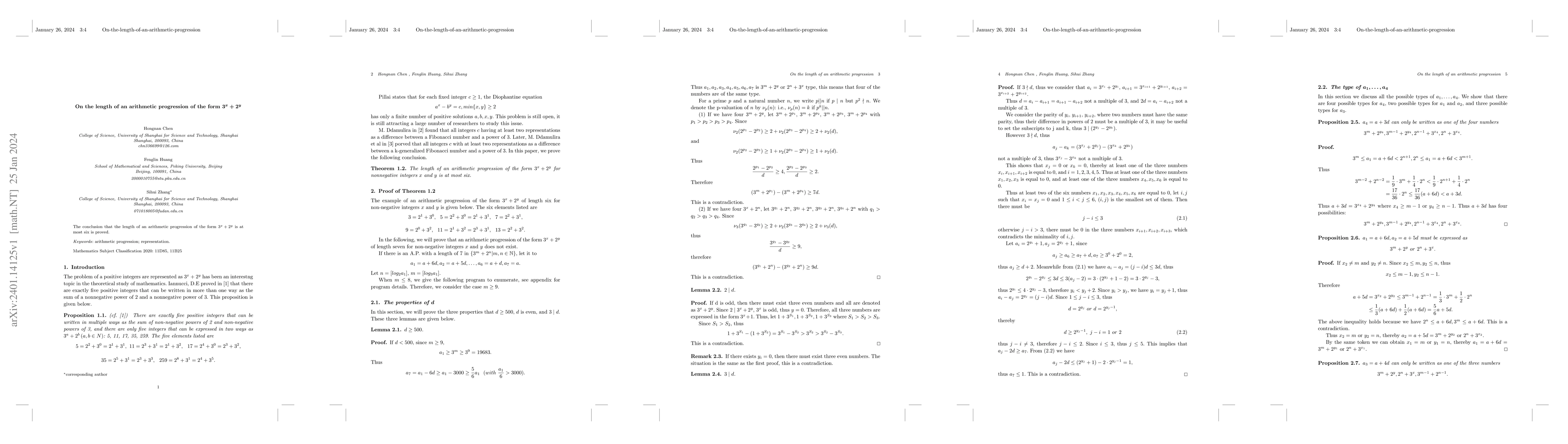 Thumbnail for On the length of an arithmetic progression of the form ${3^x+2^y}$