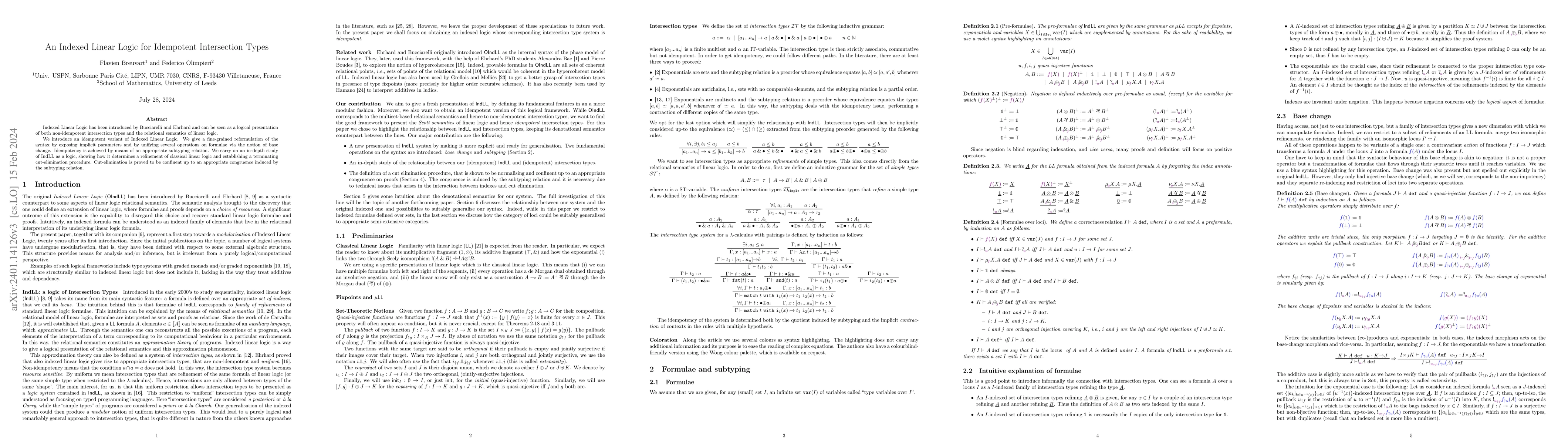 Thumbnail for An Indexed Linear Logic for Idempotent Intersection Types (Long version)