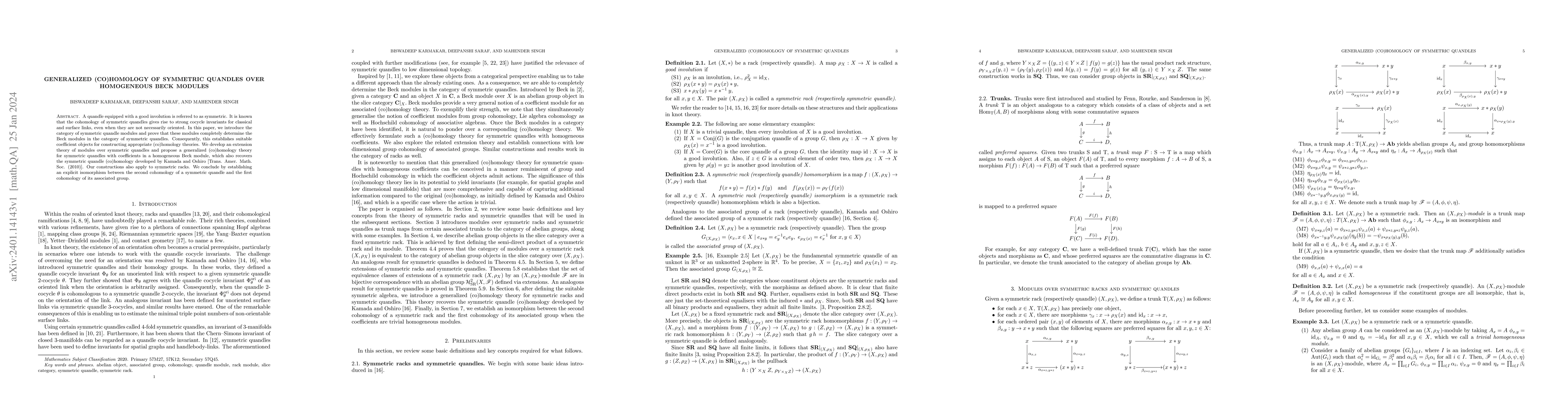 Thumbnail for Generalized (co)homology of symmetric quandles over homogeneous Beck
  modules